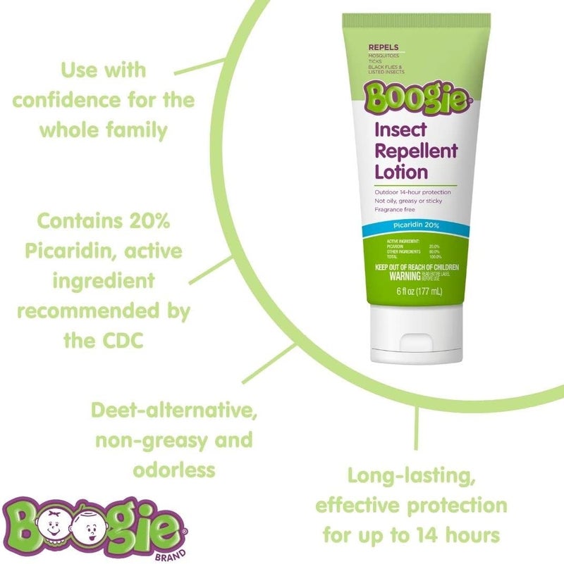 Boogie Insect Repellent Lotion, Keep Mosquitoes, Ticks and Flies Off, DEET Alternative Repellent, Up to 14-Hour Protection, Fragrance-Free, Odorless Lotion, 6 Ounce - Image 1